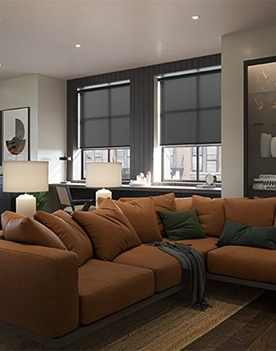 Roller Blind in a very rich looking room, dark theme wallpaper, well lit lamp