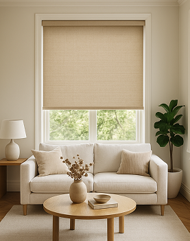Roller blind in a well lit, premium looking living room